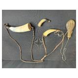 Collection of Antique Powder Horns and Brass Powder Flask