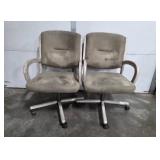 Pair of Upholstered Rolling Office Chairs with Light Wood Frame