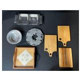 Mixed Kitchenware Collection with Cutting Boards, Serving Tray, and Metal Bowls