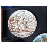 Eclectic Decorative Collection with Blue Glass Bottles, Plates, Wood Dish, and Longaberger Basket