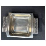 Eclectic Decorative Collection with Blue Glass Bottles, Plates, Wood Dish, and Longaberger Basket