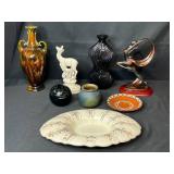 Pottery Vase w Bold Dip & Collection of Vintage Decorative Vases, Figurines, and Bowls