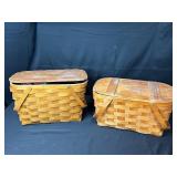 2 Wooden Picnic Baskets with Assorted Vintage Glass Bottles Jars
