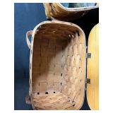 2 Wooden Picnic Baskets with Assorted Vintage Glass Bottles Jars