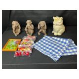 Decorative Figurines, Cat Cookie Jar, Framed Art, Artificial Fruit and Checkered Tablecloths