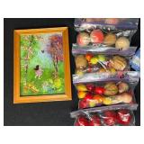 Decorative Figurines, Cat Cookie Jar, Framed Art, Artificial Fruit and Checkered Tablecloths