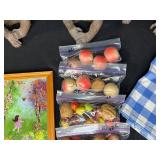 Decorative Figurines, Cat Cookie Jar, Framed Art, Artificial Fruit and Checkered Tablecloths