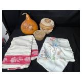 Decorative Gourd with Deer, Two Woven Baskets, and Vintage Textiles Collection