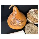 Decorative Gourd with Deer, Two Woven Baskets, and Vintage Textiles Collection