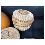Decorative Gourd with Deer, Two Woven Baskets, and Vintage Textiles Collection