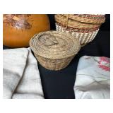 Decorative Gourd with Deer, Two Woven Baskets, and Vintage Textiles Collection