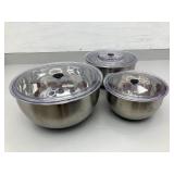 Set of Three Stainless Steel Mixing Bowls with Lids and Grater
