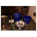 Large Assorted Stainless Steel and Enamel Cookware Set with Roasters, Pots, Pans, and Steamers