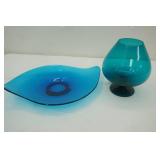 Vintage Viking Glass Epic Bluenique Platter & Mid-Century Art Glass Snifter Vase