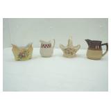 Vintage Japan Stoneware Small Pitcher; Victorian Garden Basket; Hartstone Pottery Red Checks Creamer; Vintage Small Open Sugar Bowl Yellow Floral Design