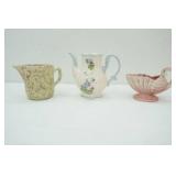 Vintage Haeger Pottery Shell Planter, Spongeware Pitcher, and Teapot and Plate Set