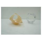 Vintage Murano-Style Hand Blown Peach-Colored Folded Glass Centerpiece; Clear Glass Centerpiece