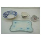 Vintage Pottery 18th Century Ceramic Serving Bowl , Vintage Porcelain Vanity tray , 2 vintage cups