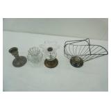 Vintage Candle stick holders , one pewter, glass , glass and pewter, wire bottle holder