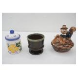 Vintage Squirrel nut dish, ACK floral lidded jar, hull Pottery  Green Planter