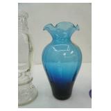 Vintage Vases, Cobalt Blue, Clear vase, etched glass vase, Murano style glass ware blue vase, Purple Flame and Glow hand blown vases