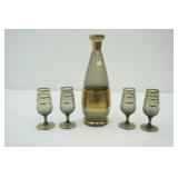 Vintage Mid Century Modern Bohemian Czech Wine Decanter with 4 Cordial glasses smoke gray frosted glass with gilded accents