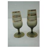 Vintage Mid Century Modern Bohemian Czech Wine Decanter with 4 Cordial glasses smoke gray frosted glass with gilded accents