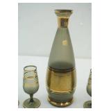 Vintage Mid Century Modern Bohemian Czech Wine Decanter with 4 Cordial glasses smoke gray frosted glass with gilded accents