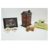 Vintage Ford Model T pottery planter, candle church building, rabbit picture, 2 cloth bunnies