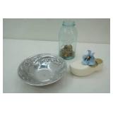 Vintage ball jar with wooden spools, shoe planter ,Wilton Armadale serving fruit salad bowl