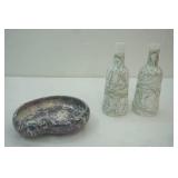 Vintage Mccoy pottery Cascade, Vintage Hazel -Atlas milk glass bottles with Spaghetti drizzle design