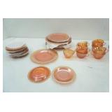 Vintage Federal glass Normandie  pattern marigold carnival glass bread plates(16), dinner plates(7) , luncheon plates(3), cups (9) , 1 other