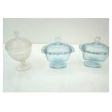 Vintage Indiana Glass old Colony Lace edge Pedestal candy dishes, Duncan & Miller clear covered candy dish