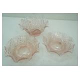 Vintage Westmoreland Glass Pink Iridescent Ruffled Round Bowls in Wildflower & Lace Pattern
