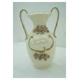 Vintage Porcelain/Ceramic Vase Featuring Raised Cherubs & Pink Roses