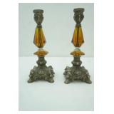 Vintage Hollywood Regency Style Ornate Cast Metal and Amber Lucite Candlestick holders