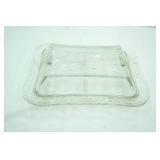 Antique EAPG Rectangular Clear Glass Divided Covered Serving Dish w/Scroll Pattern