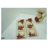 Ceramic Poinsettia Design Pitcher and Relish Trays