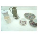 Ceramic Canister and Lid, Pitcher, China Tea Cups and Saucers, Plate and more