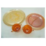 Federal Glass "Normandie" Marigold Carnival Glass Footed Creamer & Sugar, Divided Plate; Vintage Jeannette Glass Floragold Louisa Pattern Platter