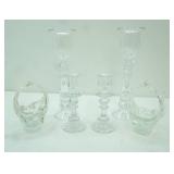 Pair of Clear Glass Candle Holders 13.5" tall; Pair of Clear Murano Art Glass Baskets w/Split Handle; Pair of Vintage Russian Crystal Glass Candlestick Holders 8" tall