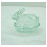 Vintage Green Glass bunny on nest covered dish, 5" x 4"
