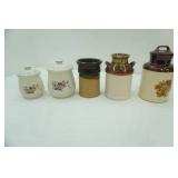 Vintage Ceramic Canisters w/lids; Milk Jug Vase-Brown Drip Stoneware, Salt-Glaze Spoon Holder, Vintage McCoy Pottery Milk Can-Shaped Cookie Jar or Canister