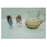 Vintage 1973 Looney Tunes Pepsi Collector Series Glasses & Clear Glass Pitcher w/colored stripes