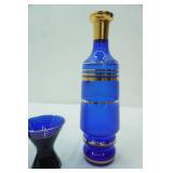 Vintage Bohemian Cobalt Blue and Gold Glass Decanter Set with 2 Cordial Glasses