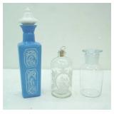 Etched Jug with Cork, Vintage 1965 Jim Beam Blue & White Milk Glass Whiskey Decanter, Esco Labs Wide-Neck Soda Glass Reagent Bottle w/Stopper