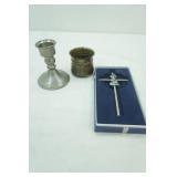 Silver-Plated (?) / Silver-Toned Candle Stick Holder, Small Vase, Child Wall Cross