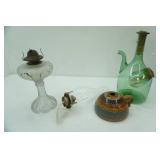 Antique Oil Lamp, Pottery Oil Lamp, Vintage Hand-Blown Green Glass Italian Wine Decanter w/an Ice Chamber