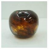Vintage Hand-Blown Tortoise Shell-Patterned Glass Round Bowl Vase