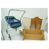 Antique Doll Buggy, Table Lamp, Wooden Shelf, Wooden Display Cabinet